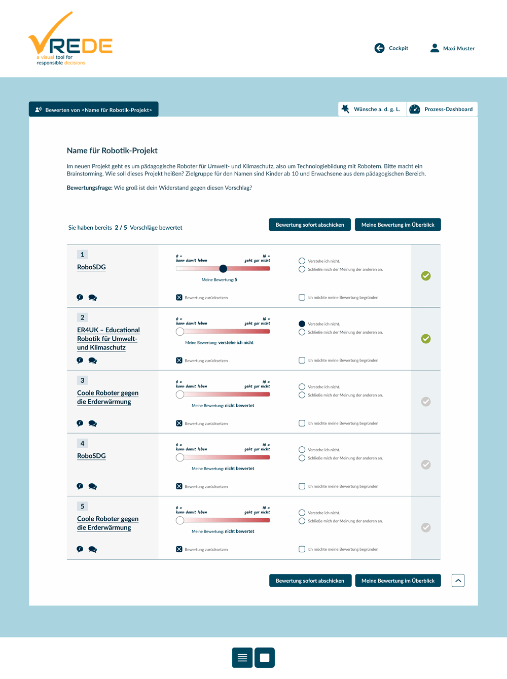 Beispiel für das VREDE-Online-Tool: Bewertung mit Widerstand